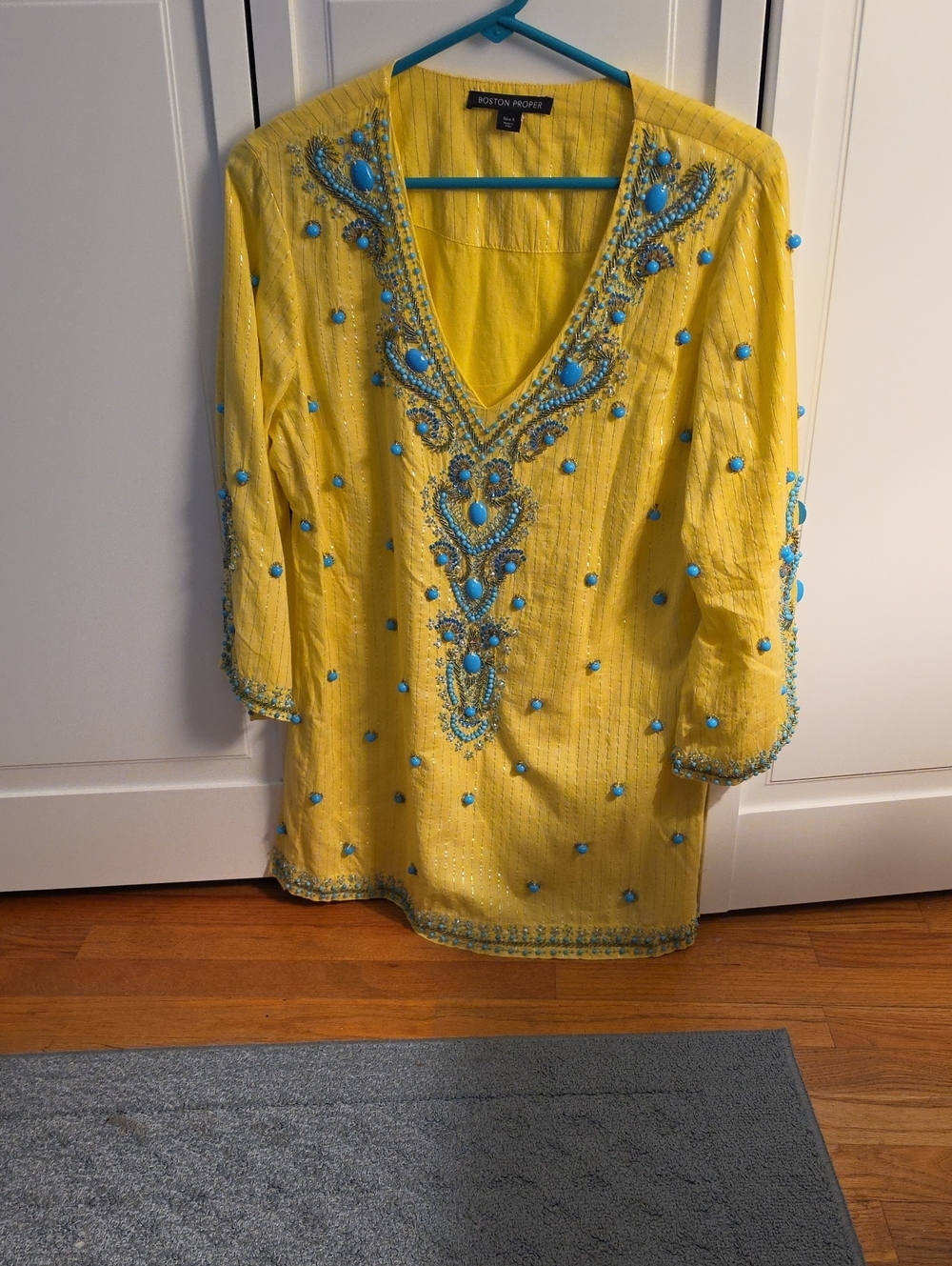 Boston Proper Yellow Tunic with Turquoise Bead Embellishment
